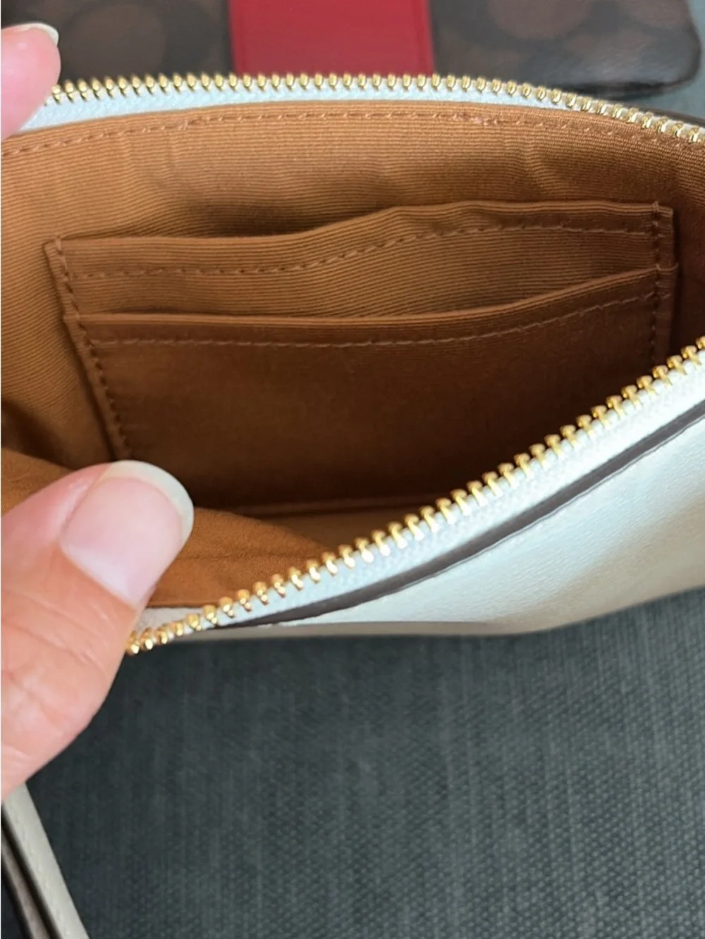 Coach Cream and Brown Signature Wristlet Duo with Red Accent
